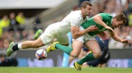 England's Jonny May tackles Eoin Reddan of Ireland at a warm-up game for the Rugby World Cup 2015. Photo: Javier Garcia/BPI/REX