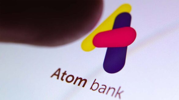 Atom Bank logo on a computer screen
