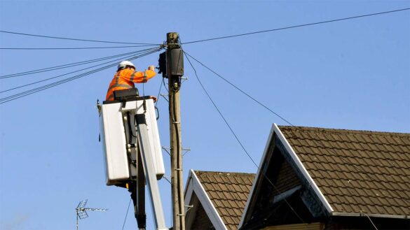 A BT engineer working on a telegraph pole