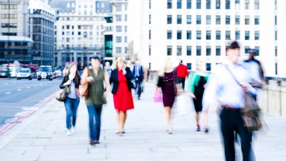 A blurred image of commuters on London Bridge