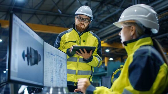 Two workers in hi-vis jackets looking at a computer in a manufacturing plant