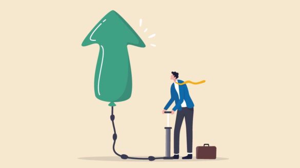 Illustration of a man pumping up an upward arrow balloon