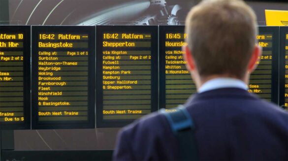A male commuter looking at a train station screen