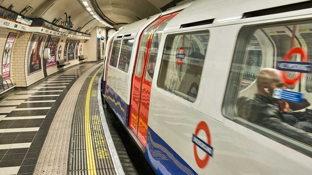 A London Underground train at a station