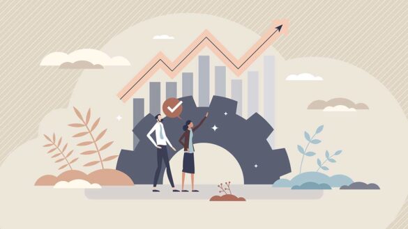 How can HR drive productivity? Illustration depicts two workers in front of a giant cog and graph with an upward trend.