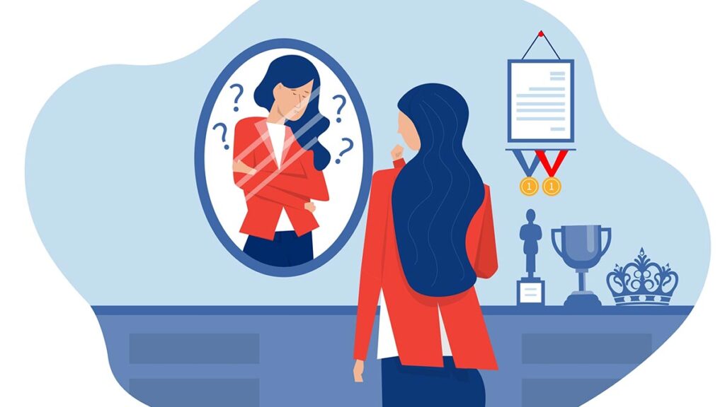 Imposter syndrome: Prevalence is higher among women. Illustration shows a woman looking in the mirror seeing question marks around her.