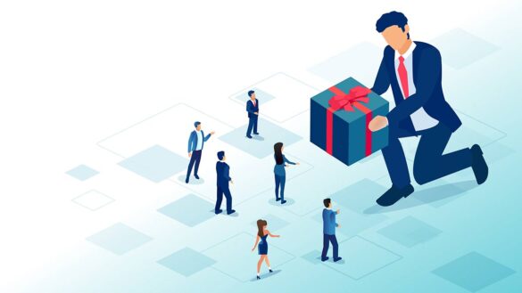 Reward strategies. Armstrong's Handbook of Reward Management Practice: Illustration of giant man handing smaller people a gift.