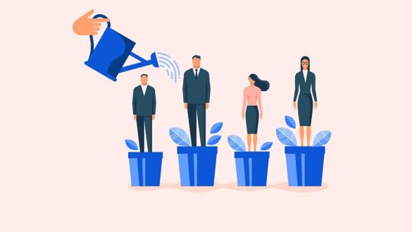 Career consumerism and talent management: Illustration shows employees growing in plant pots as they are being watered froma watering can.