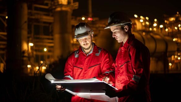 Two engineers in hi-vis jackets and hard hats looking at documents on a clipboard in front of a factory at night