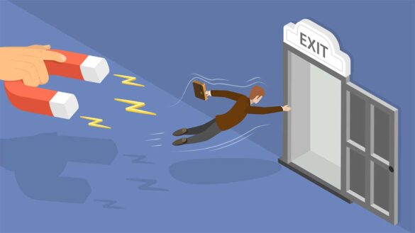 An illustration showing a man attempting to leave through an exit door, but being pulled back by a large magnet