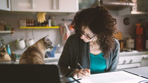 A woman working on a tablet in her kitchen, with a cat on the table