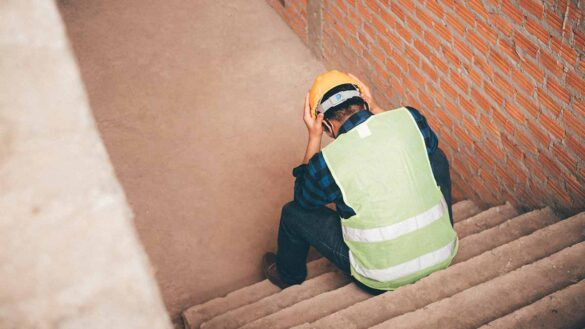 A male construction worker in a hi-vis jacket and hard hat sitting at the bottom of a staircase with his head in his hands