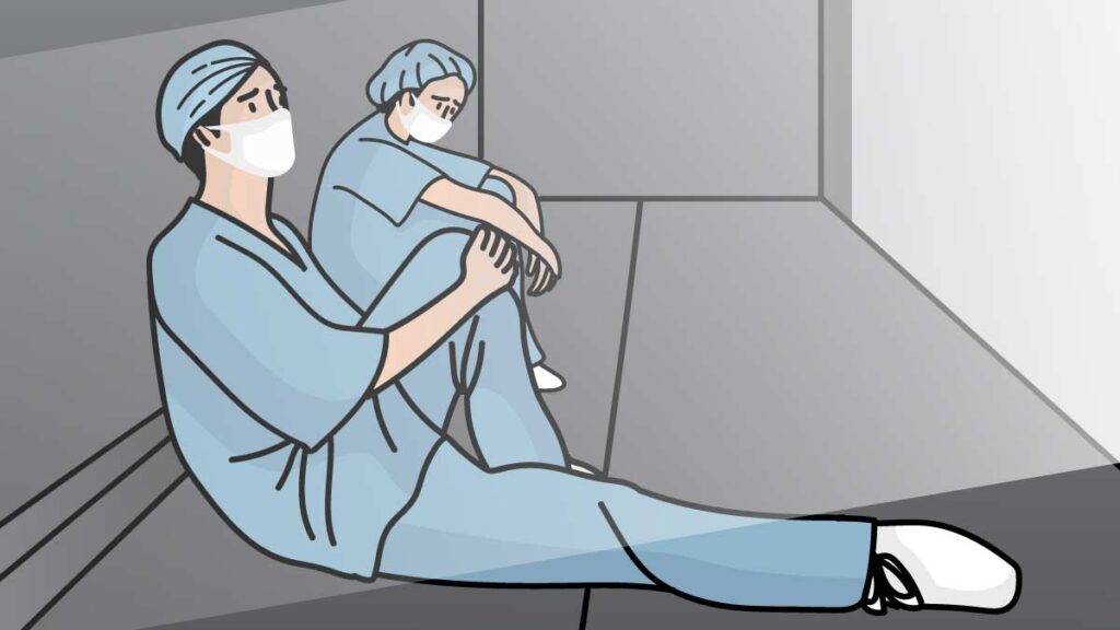 An illustration of two surgeons sitting on a floor in a hospital corridor