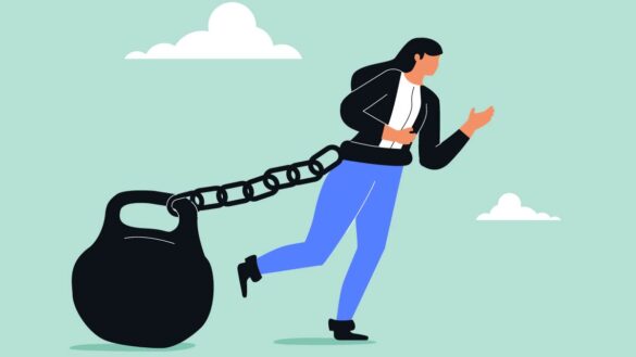 An illustration of a woman being held back by a ball and chain