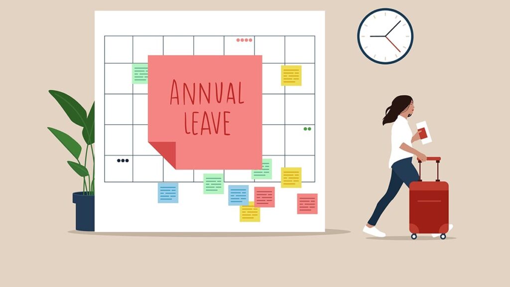 Illustration of employee going on hoiday next to a calendar.