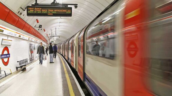 A London Underground Central Line train passing through Liverpool Street station