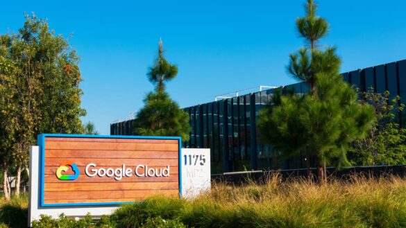 Google Cloud office in California, sign and trees and offices behind