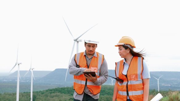 A male and a female employee on a wind farm