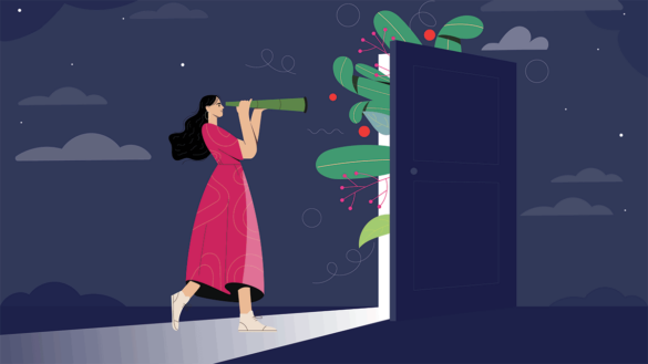 Skills England: Abstract illustration of a woman with a telescope looking through an open door.
