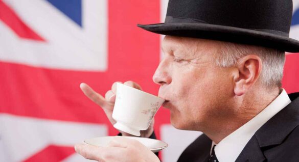 cup of tea, old fashioned office man, union jack