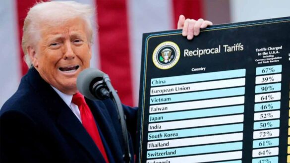 ILO revises global employment growth forecast down, partly due to concerns about trade. Picture shows US President Donald Trump annoucing reciprocal tariffs.