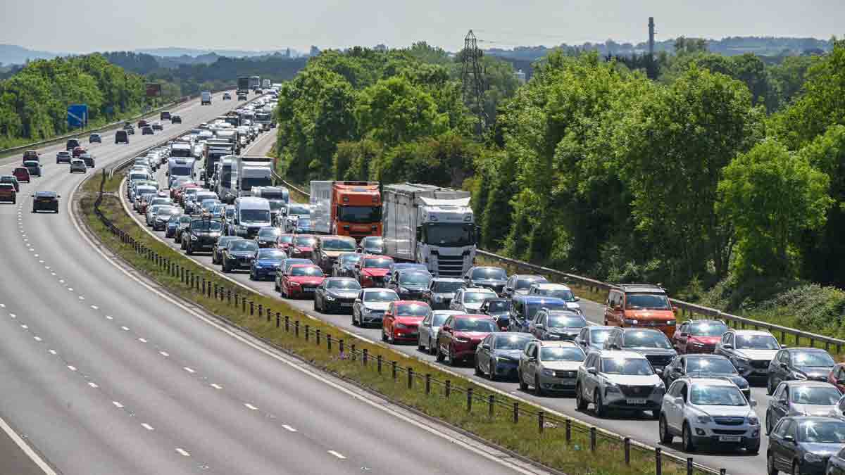 Bank holiday pay: Bank holiday weekend traffic on M5 near Bridgwater, Somerset