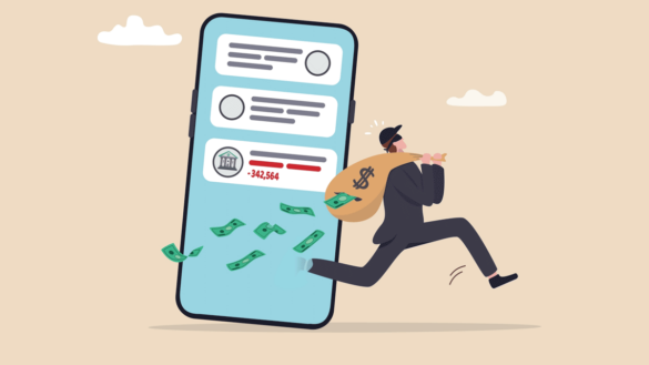 Top 10 HR questions May 2025. Illustration shows a robber running away from a phone that has been for fraud.