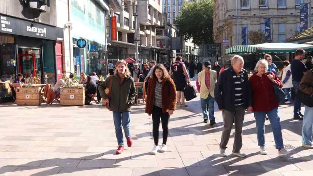 Hiring intentions Lloyds Business Barometer. Photo shows shoppers in Cardiff in Wales, where confidence is highest