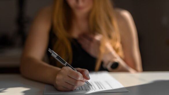 Young woman completes a personality test