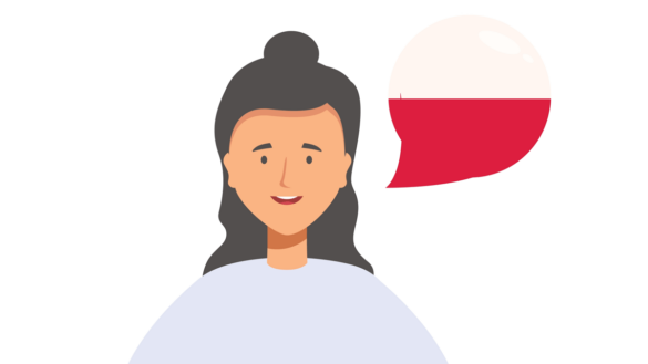 Foreign language race discrimination: Illustration shows woman with a speech bubble comprising the Polish flag.