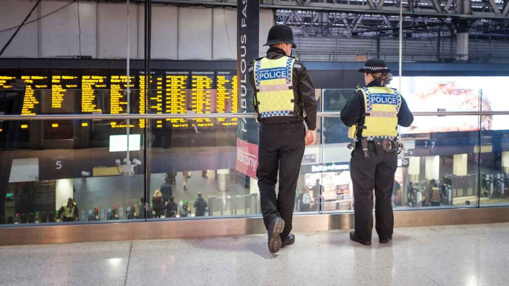 Part-time police officers. Photo shows two police officers at Waterloo station.