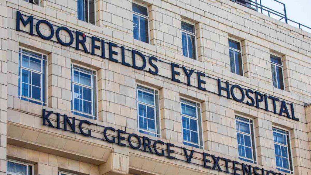 Photo shows Moorfields Eye Hospital in London, which topped the NHS league table for acute trusts.