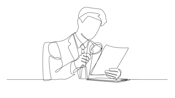 Failure to prevent fraud: Image shows a continuous line drawing of a man with a magnifying glass inspecting a document.
